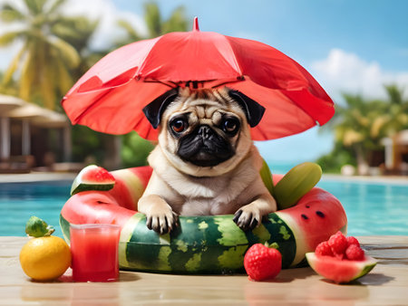 cute pug dog with watermelon and umbrella in swimming poolの素材