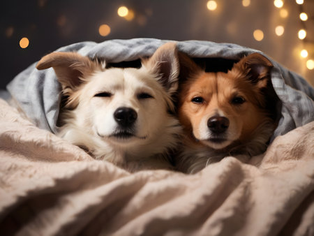 Adorable dogs in bed at home on Christmas eve. Funny petsの素材