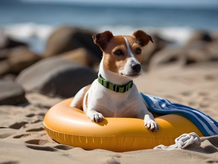Jack russell terrier dog on an inflatable ring on the beachの素材
