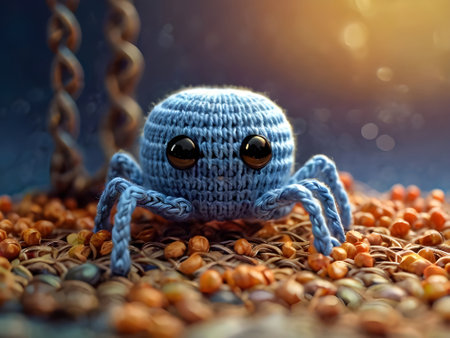 Funny blue handmade crocheted toy spider on a background of grains of millet.の素材