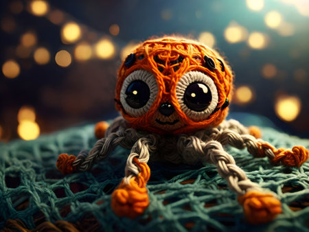 Handmade crochet doll on bokeh background. Halloween concept.の素材