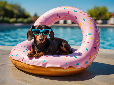 Dachshund dog in swimming pool with inflatable donutの素材
