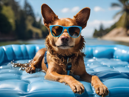 Cute chihuahua dog in swimming pool with sunglasses.の素材