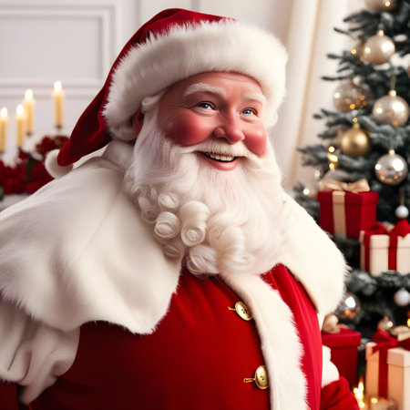 Portrait of happy Santa Claus in red costume at home near Christmas treeの素材