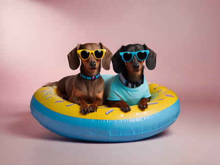 Two dachshunds in sunglasses on an inflatable ringの素材
