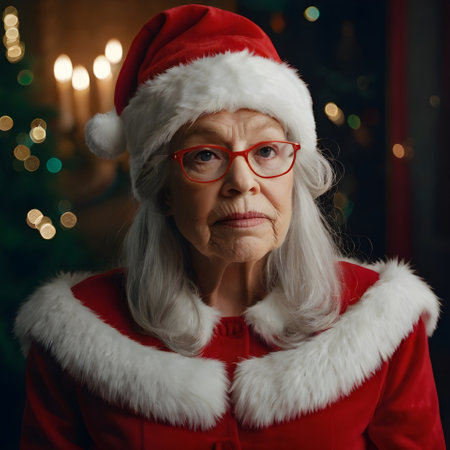 Merry Christmas and Happy Holidays! Portrait of an elderly woman in Santa Claus clothes.の素材