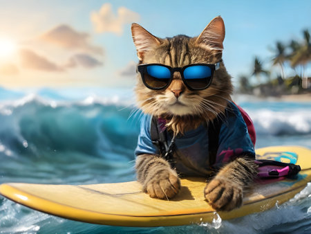 Cute tabby cat wearing sunglasses lying on surfboard and surfing in ocean.の素材