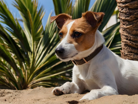 Jack russell terrier in the sand on the background of palm treesの素材