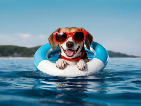 dog in sunglasses swims in the sea on an inflatable ringの素材