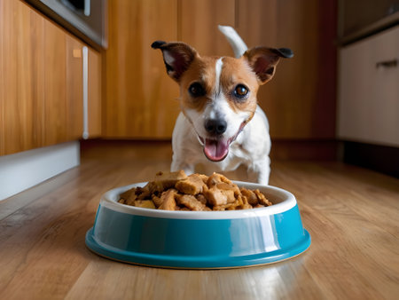Jack russell terrier dog eating dog food from a bowlの素材