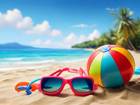 Beach ball, sunglasses and beach ball on the sand of tropical beachの素材