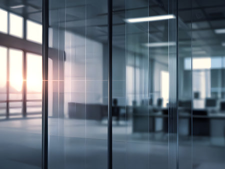 Glass wall in office interior with sunlight and city view. 3D Renderingの素材