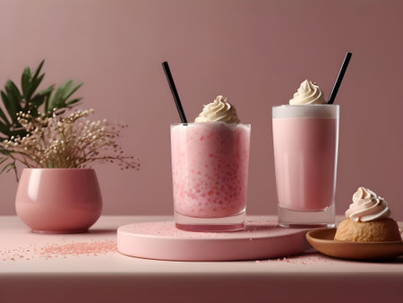 Delicious milkshakes with whipped cream on pink table, closeupの素材