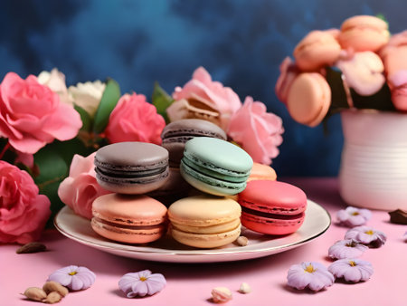 Colorful macaroons and flowers on pink background, closeupの素材