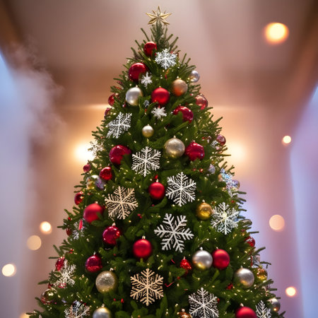 Christmas tree with snowflakes and bokeh lights background.の素材