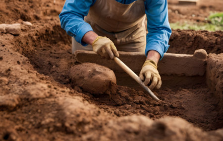 Worker building a brick wall with a shovel on a construction siteの素材