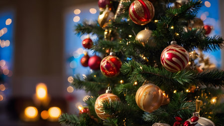 Christmas tree with red and gold ornaments on bokeh backgroundの素材