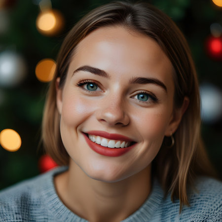 portrait of smiling young woman in sweater at christmas decorated homeの素材