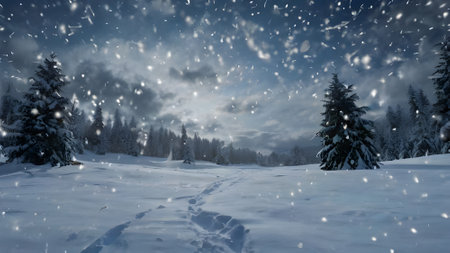 Winter landscape with snowy fir trees and falling snowflakes in mountainsの素材