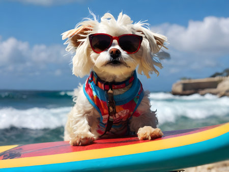 Cute Maltese dog with sunglasses and surfboard on the beachの素材
