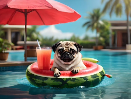 Cute pug dog in swimming pool with watermelon and cocktailの素材