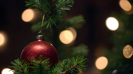 Christmas tree with red bauble and bokeh lights on backgroundの素材