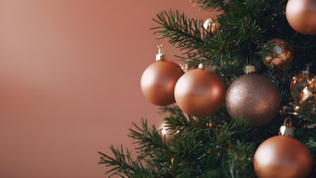 Close up of christmas tree with red and golden baublesの素材