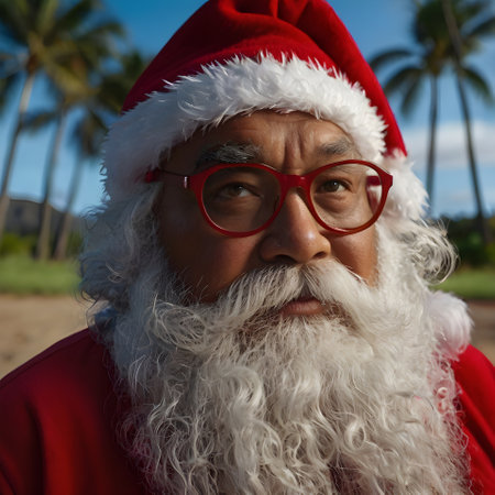 Portrait of senior Santa Claus with red eyeglasses on the beachの素材