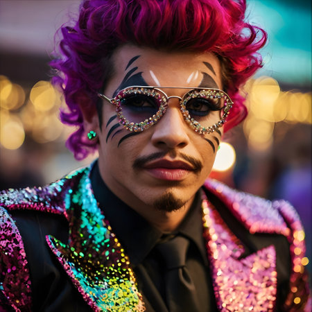 Moscow carnival. A young man in a carnival costume with bright make-up and pink hair.の素材