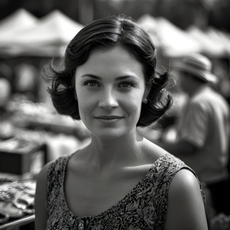 Portrait of a beautiful woman at the market. Black and white photo.の素材