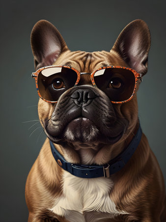 Portrait of a French bulldog wearing sunglasses. Studio shot.の素材