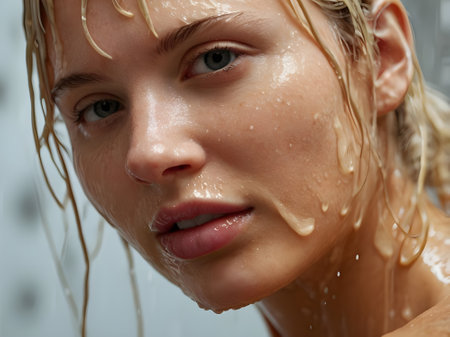 Beautiful young woman under shower in bathroom. Closeup portrait.の素材
