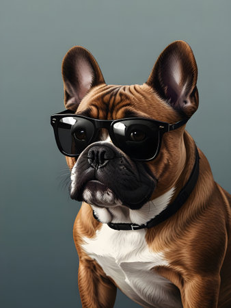 Portrait of a French bulldog wearing sunglasses on a gray backgroundの素材