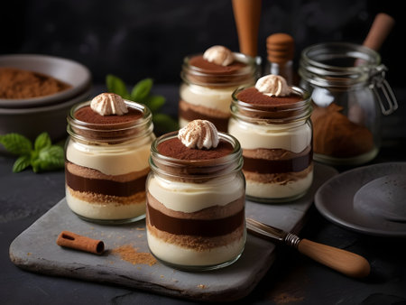 Classic tiramisu dessert in a glass jar, selective focus.の素材