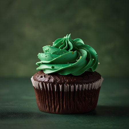 Chocolate cupcake with green buttercream frosting on green backgroundの素材
