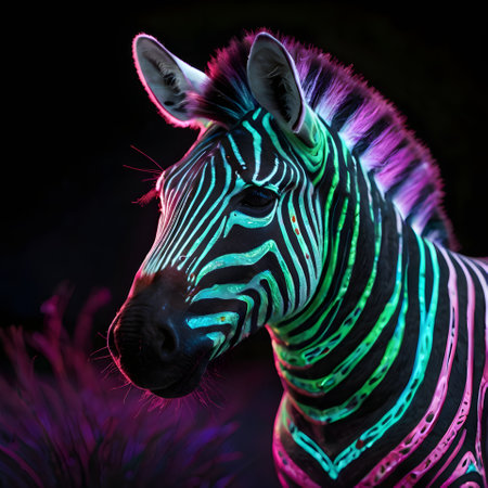 Zebra head with colorful neon lights on black background. Animal portrait.の素材