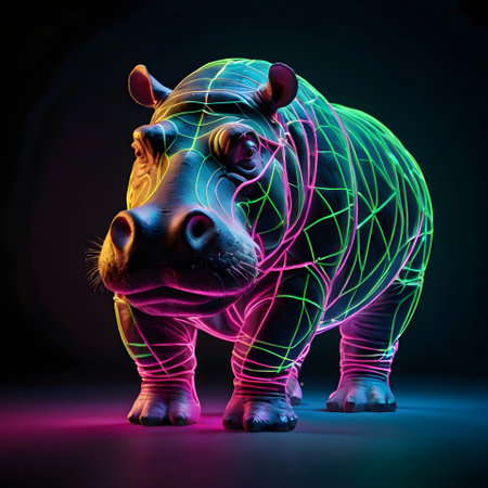 Hippo head with abstract glowing neon lines. 3D illustrationの素材