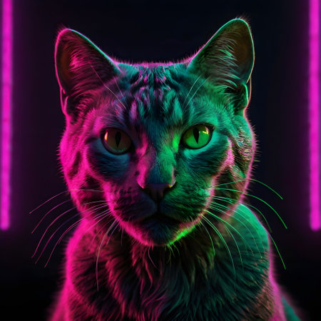 Portrait of a beautiful cat with green eyes in neon light.の素材
