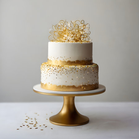 Wedding cake with golden confetti on a white background.の素材