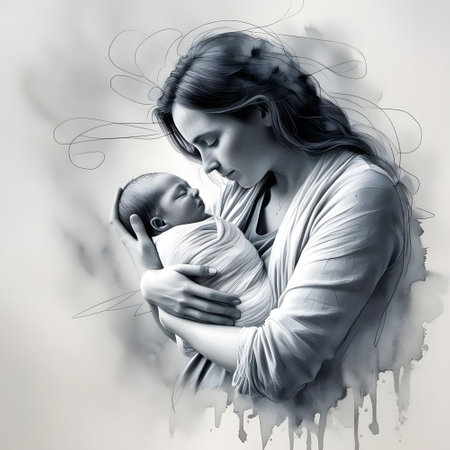 Portrait of mother and her newborn baby. Digital painting style.の素材
