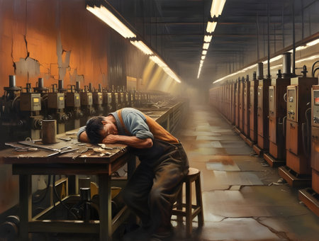 Coffee shop interior with a man sleeping in front of a tableの素材