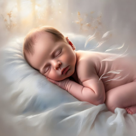 Cute newborn baby sleeping on a soft white blanket with feathers.の素材