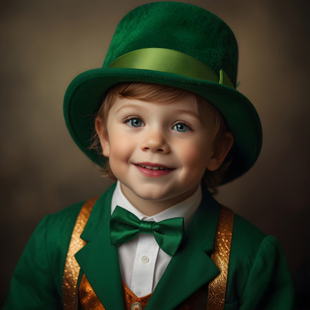 Cute little boy in green leprechaun costume. Studio shot.の素材