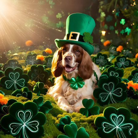 Leprechaun dog with green hat and shamrock on green grassの素材