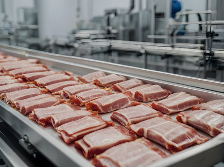 Production line of the meat factory. Industrial background. Food industry.の素材