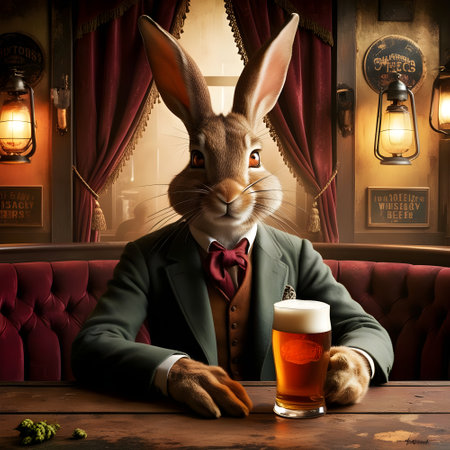 Easter rabbit with a glass of beer in a pub or bar.の素材