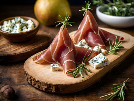 Prosciutto with blue cheese and rosemary on wooden backgroundの素材