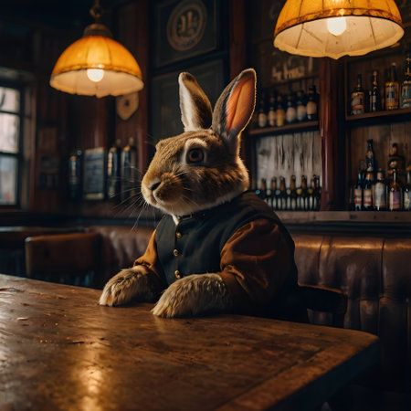 Cute rabbit sitting in a pub or restaurant. The rabbit is looking at the camera.の素材