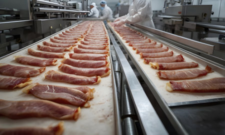 Conveyor belt with raw meat in a modern food processing plantの素材