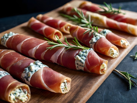 Appetizer with prosciutto, blue cheese and rosemaryの素材